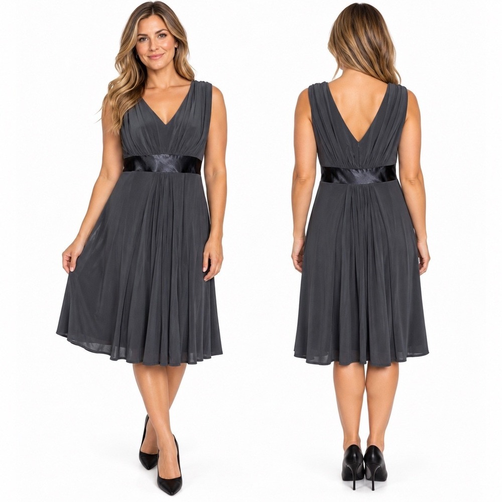 Eliza J New York Gray Pleated Wedding Guest V-Neck Satin Waist Midi Dress 10